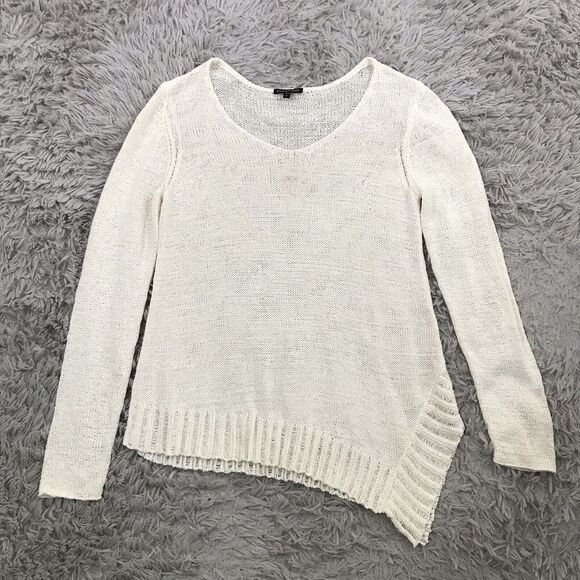 Eileen Fisher Sweater M Cotton Nylon V Neck Asymmetric Slub Knit Ivory Beach - Picture 3 of 8